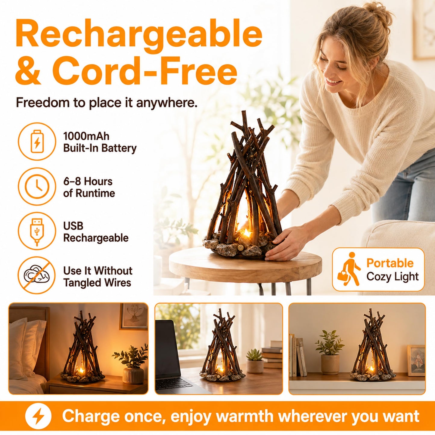 Lubocrat Rustic Farmhouse Campfire Table Lamp, Flame Crackling Night Light