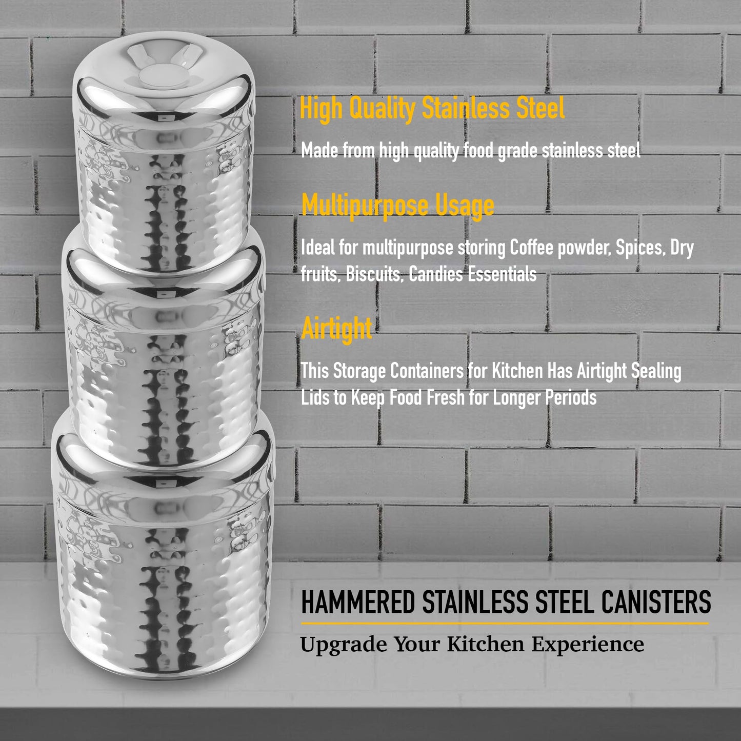 CRAFTONE Stainless Steel Hammered Containers Set of 3 with Spoon, Ideal for Tea, Coffee, Sugar, Masala Storage Sugar Container with Lid for Salt, Coffee, Dishwasher Safe (10 Oz, 15 Oz, 20 Oz)