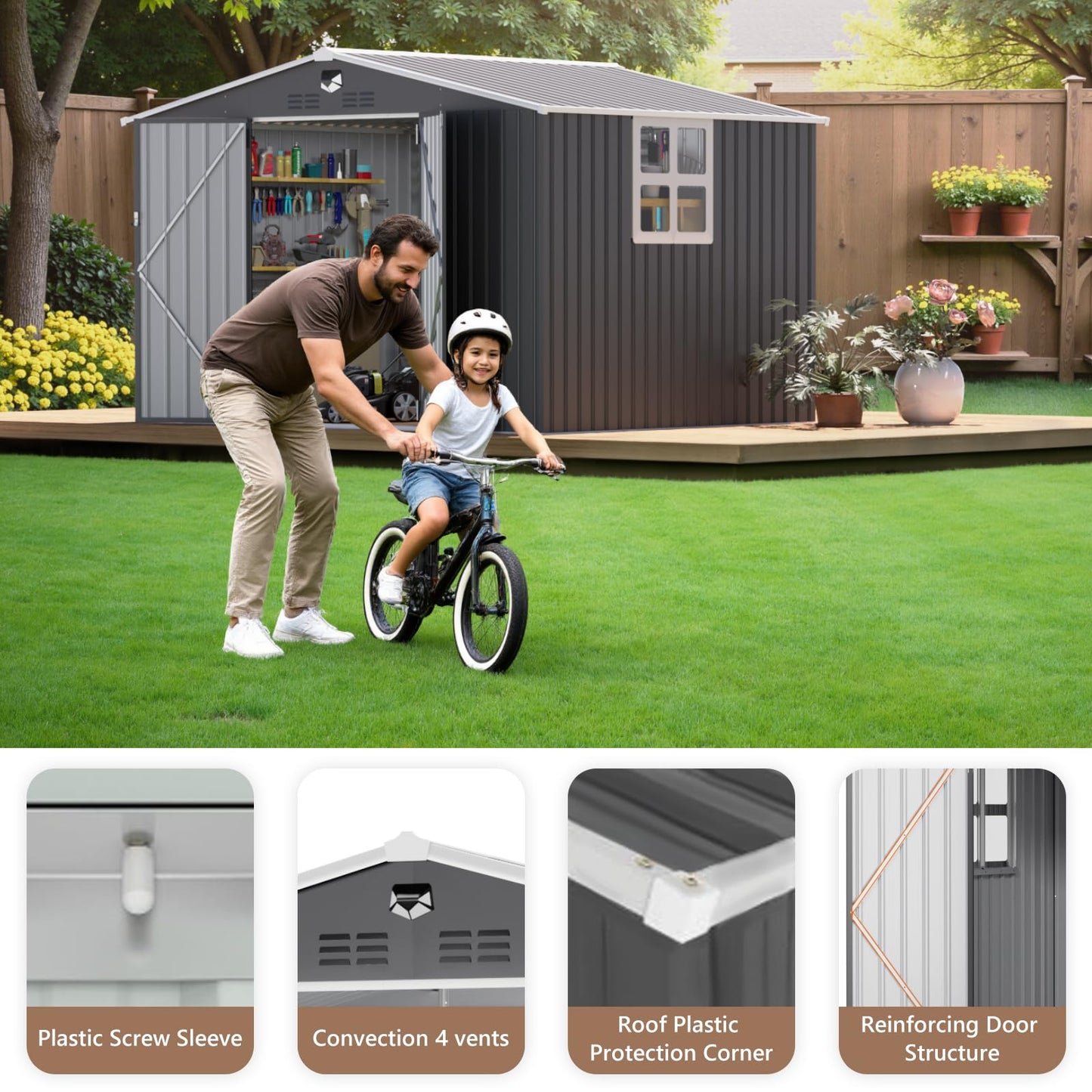 Softkiss 10x8 FT Outdoor Storage Shed, Metal Garden Shed - Tool Storage Sheds with Lockable Doors & 1 Clear Window, Waterproof Outside Storage Building for Backyard, Patio (Black; Floor Not Included)