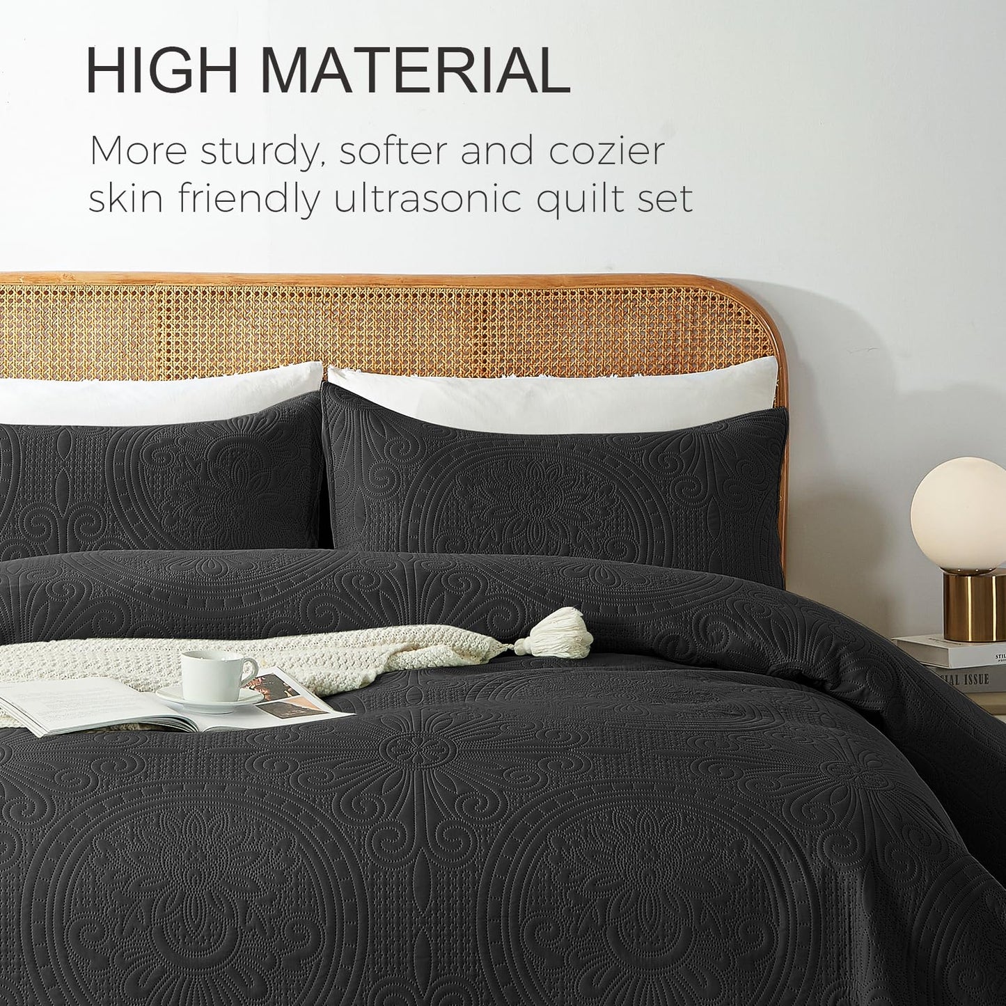 WURUIBO Twin Quilt Set Black,Ultrasonic Embossed Bedspread, Lightweight Microfiber Coverlet, Modern Thin Bedding Set for All Season, 2 Piece(1 Quilt,1 Pillow Shams)