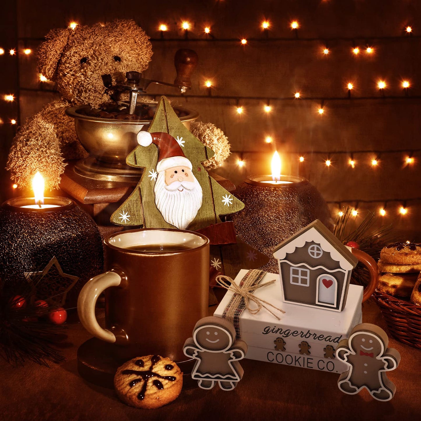 Jetec 6 Pcs Christmas Gingerbread Table Decor Wooden Xmas Gingerbread House Signs Farmhouse Tiered Tray Decor Rustic Mini Book Wood Block Centerpiece Decorations for Home Office Desk Shelf Party Gift