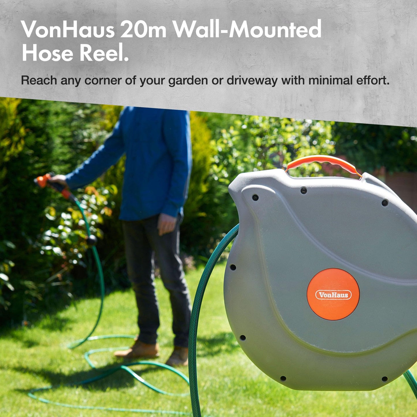 VonHaus Hose Reel 20m – Wall Mounted Hose Reel for Garden, Retractable, Auto Lock and Auto Rewind, Includes Wall Fixings and 8 Function Spray Gun, 180° Pivot Swivelling, Long Reach, Outdoor Watering
