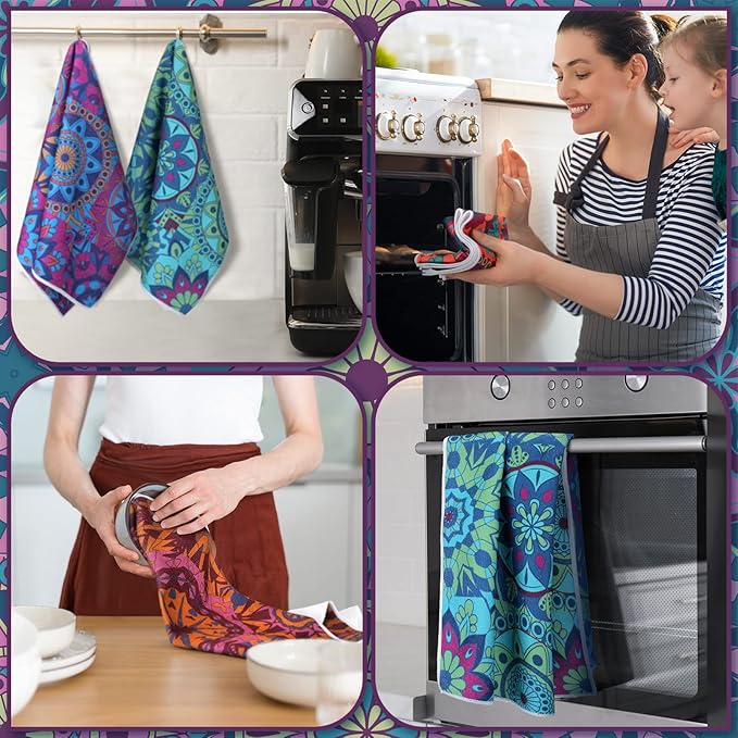 Boyiee Set of 6 Mandala Kitchen Towels Absorbent Boho Dish Towels 24 x 16