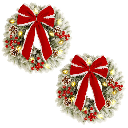 ATDAWN 2 Pcs Christmas Wreath, 15 Inch Outdoor Lighted Wreath for Front Door, Xmas Holiday Party Decorations