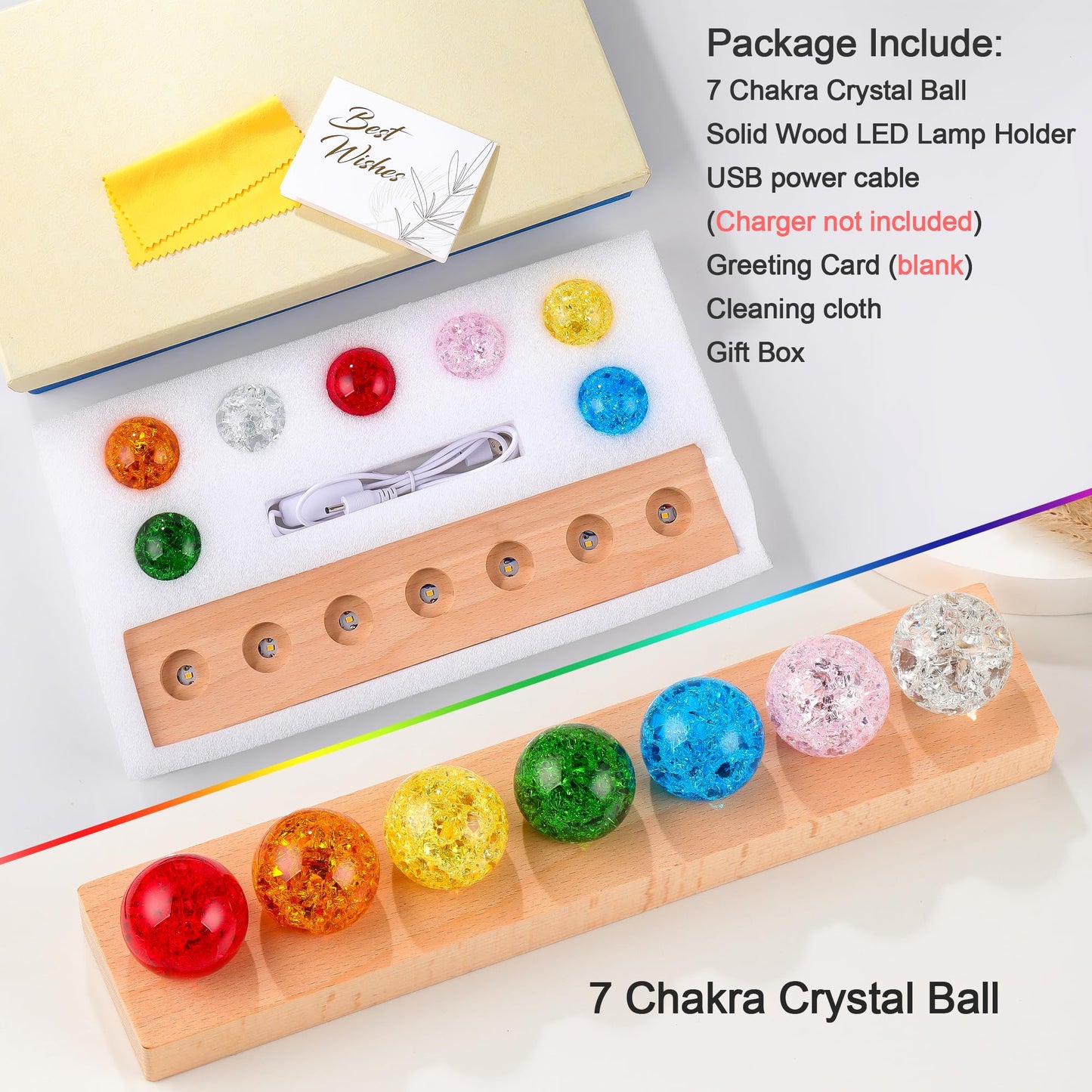 Ornalrist 7 Chakra Crystal Ball Ice Cracks Spheres with Wooden LED Light Base - 40mm Crystal Balls Set for Meditation Positive Energy Night Light Home Decoration