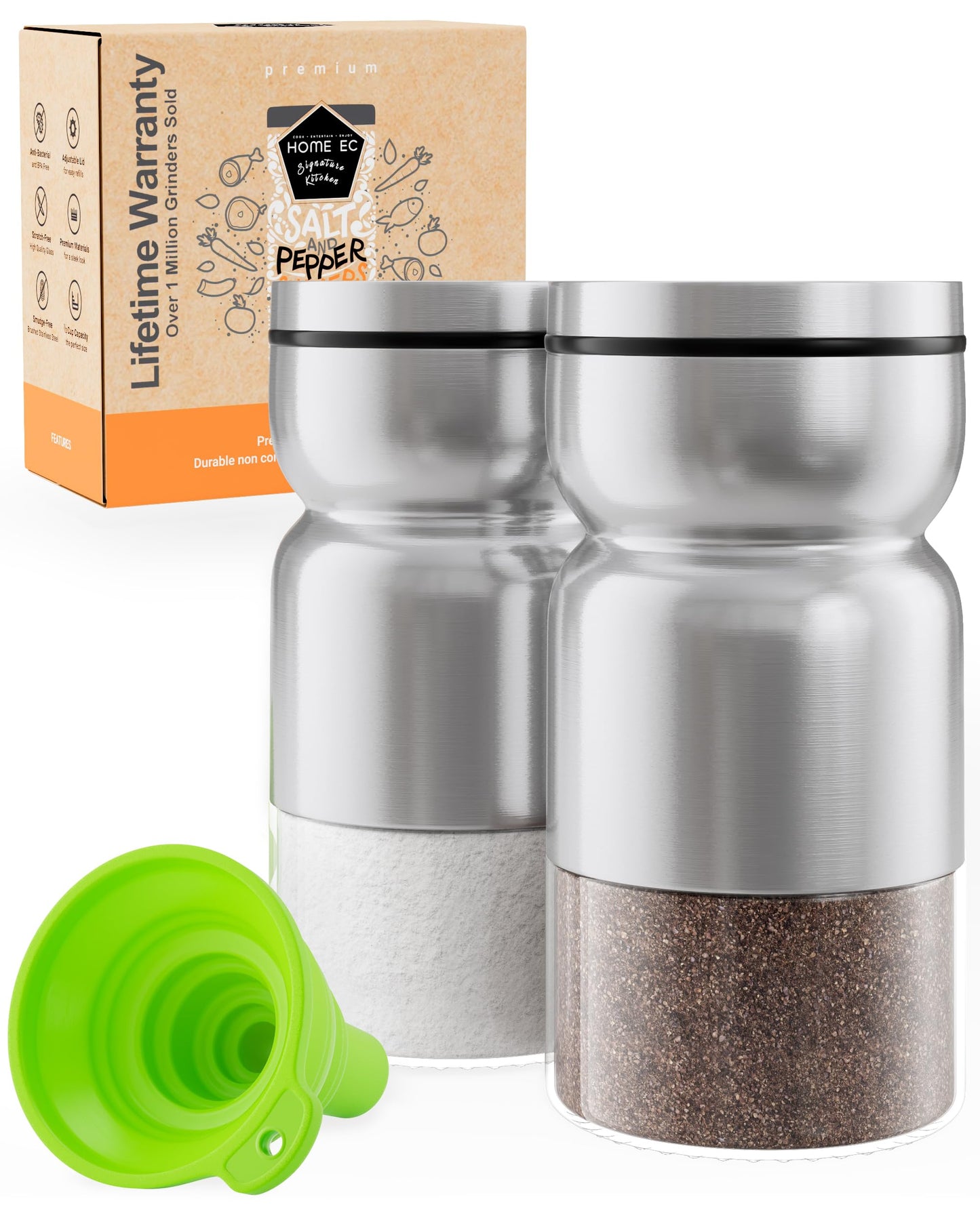 HOME EC Original Salt and Pepper Shakers Set with Adjustable Pour Holes - Glass and Stainless Steel Salt Shaker and Pepper Shaker - Farmhouse Spice dispenser for salts, ground peppercorn and spices