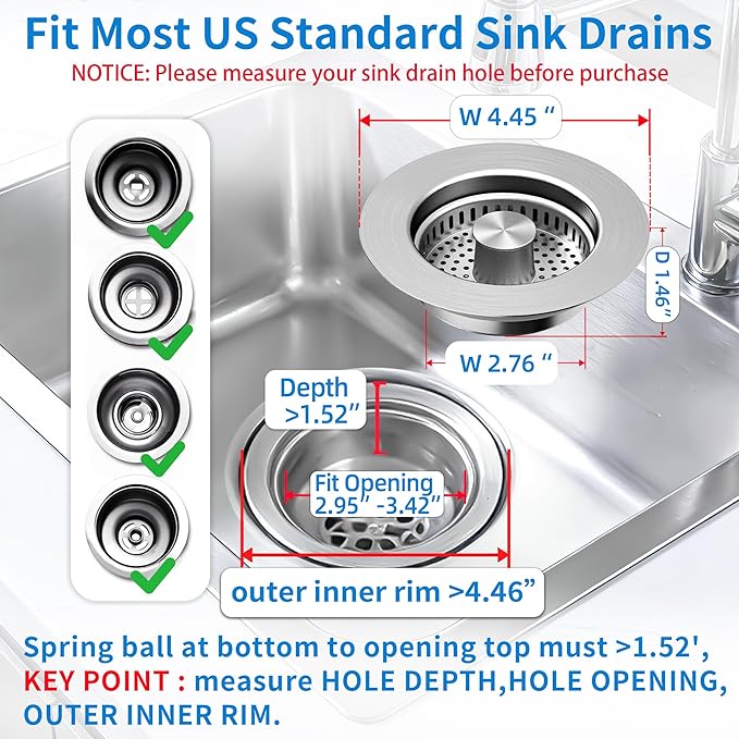 3 in 1 Kitchen Sink Drain Strainer, Pop up Sink Stopper Kitchen Drain,