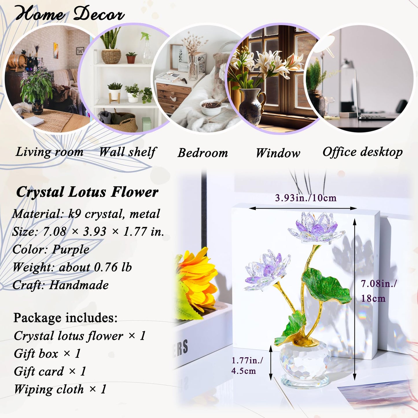 YWHL Purple Crystal Lotus Flower Figurine with Vase, Handmade Lotus Gifts Bouquet for Women on Birthday Christmas Mother's Day, Glass Lotus Flower Home Party Office Decor