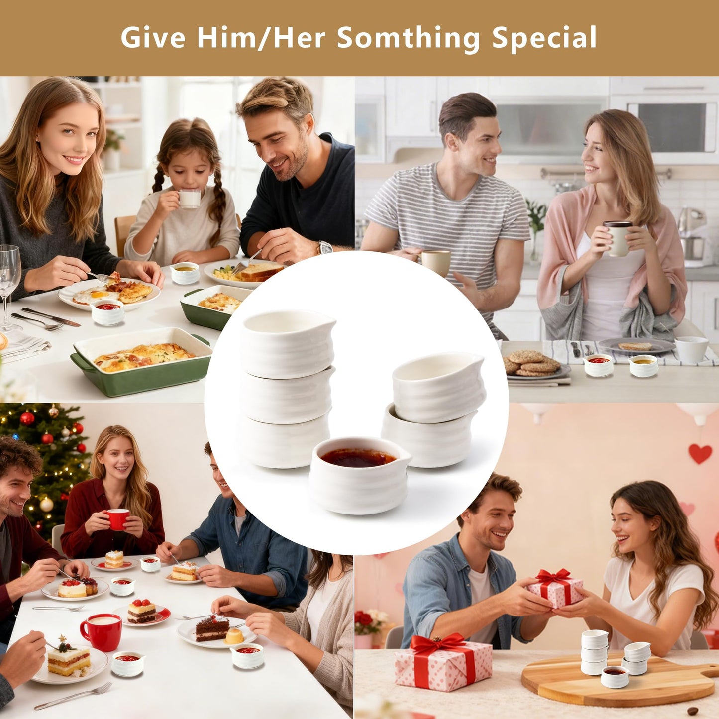 YumiPLUS 6pcs Ceramic Dipping Bowl with Spout, 3OZ Porcelain Mini Ramekins, Small Condiment Dish, Cute Pinch Bowl Set, Sauce Dish for Sushi/Ketchup/BBQ,Oven Safe