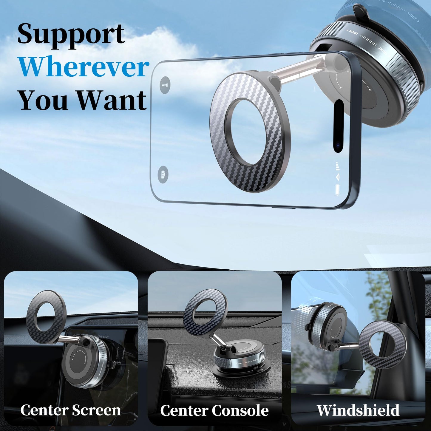 PlusAcc Vacuum Magnetic Phone Holder for Car - Suction Phone Mount 360°Rotatable Foldable Portable Strong Magnet Stand for iPhone17/16/15/14/13/12 Pro/Pro Max on Mirror, Smooth Surface, Windscreens