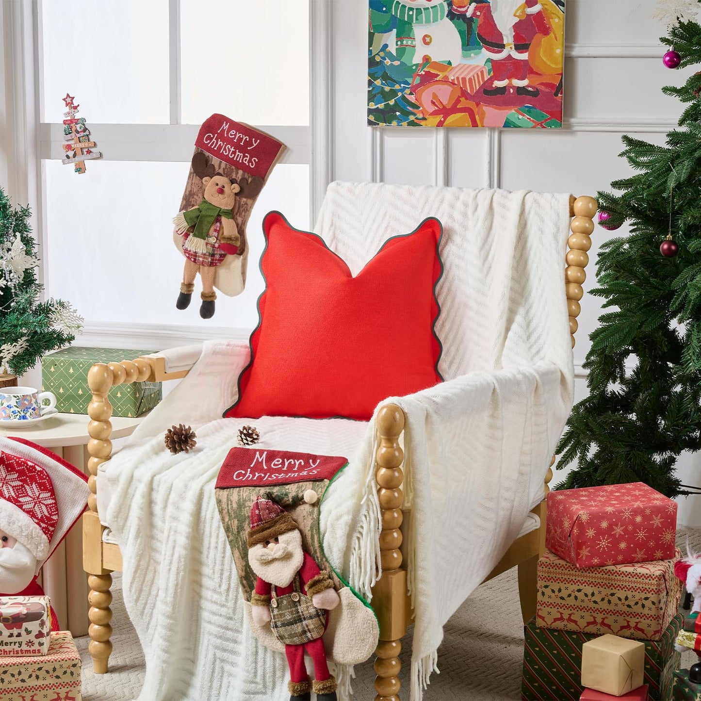 Mayler Yee Christmas Throw Pillow Covers | Decorative Pillow, Fabric Feels a Little Stiff | Scalloped Sytle for Living Room (One Red and One Green Pillow Covers, 18x18 Inch)