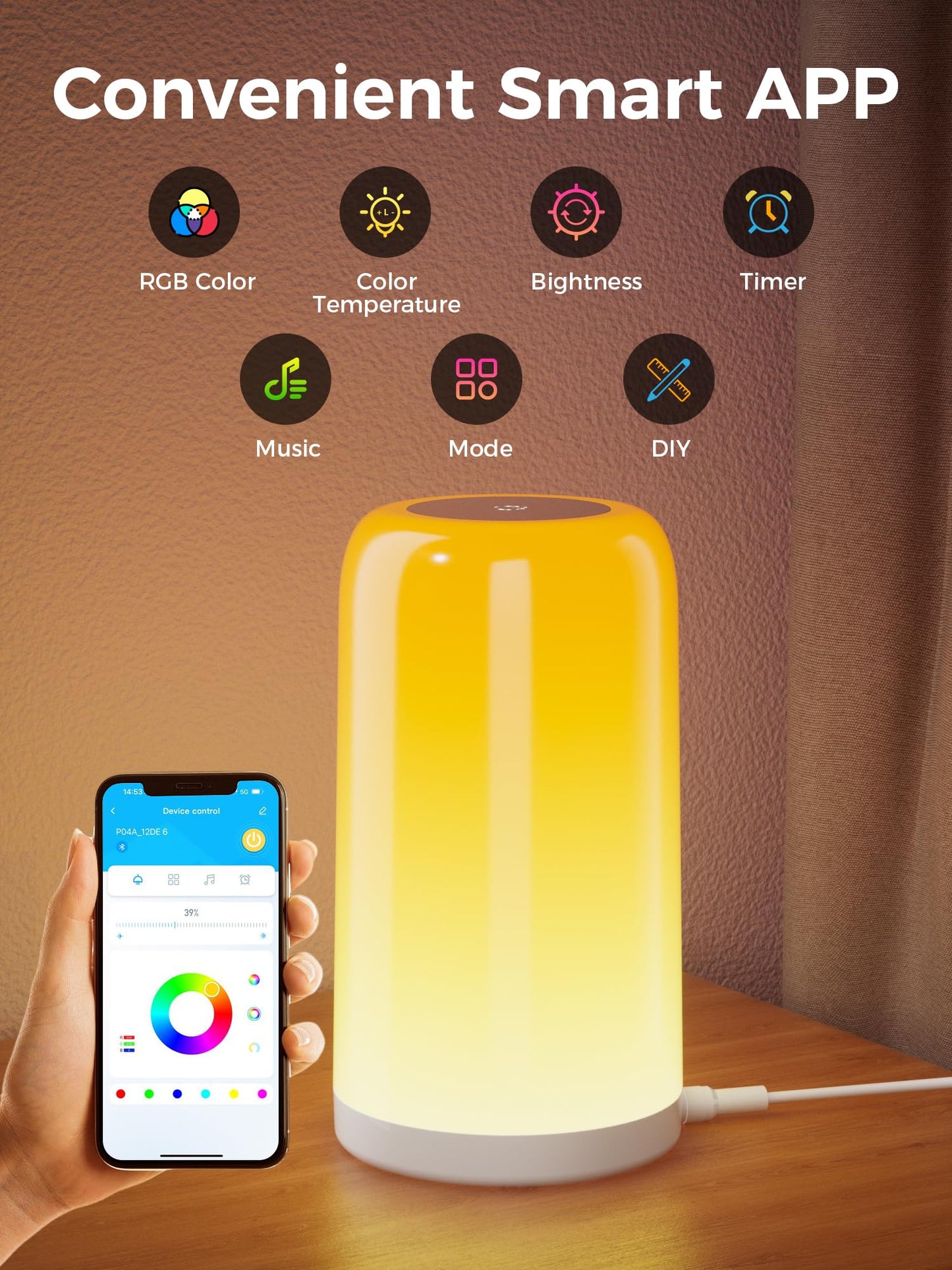 VOLIVO Smart Touch Bedside Table Lamp, Dimmable Night Lamp, Plug-in Table Lamp, Timing Function via Bluetooth Connection APP, Suitable for Living Room, Bedroom, Nursery, Office - Home Decoration Gift.