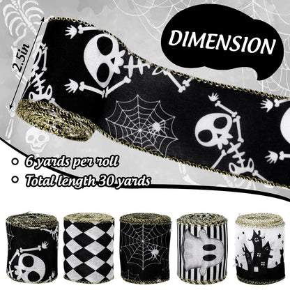 JarThenaAMCS 5 Roll Halloween Wired Edge Ribbon - 2.5 Inch, 30 Yards Ghost Skeleton Spider Web - White & Black Spooky Gift Wrap Ribbon for Bow, Wreath, Craft & Party Decor