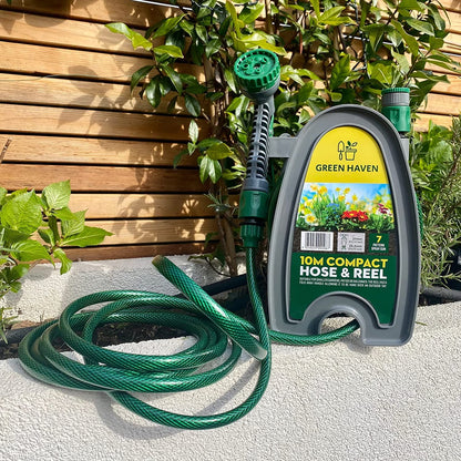 Green Haven Garden Hose Pipe Reel – 10m / 32ft Lightweight Compact Hosepipe with 7-Pattern Spray Nozzle Gun, Easy Wind Mini Hose Reel for Small Gardens, Balconies & Outdoor Cleaning