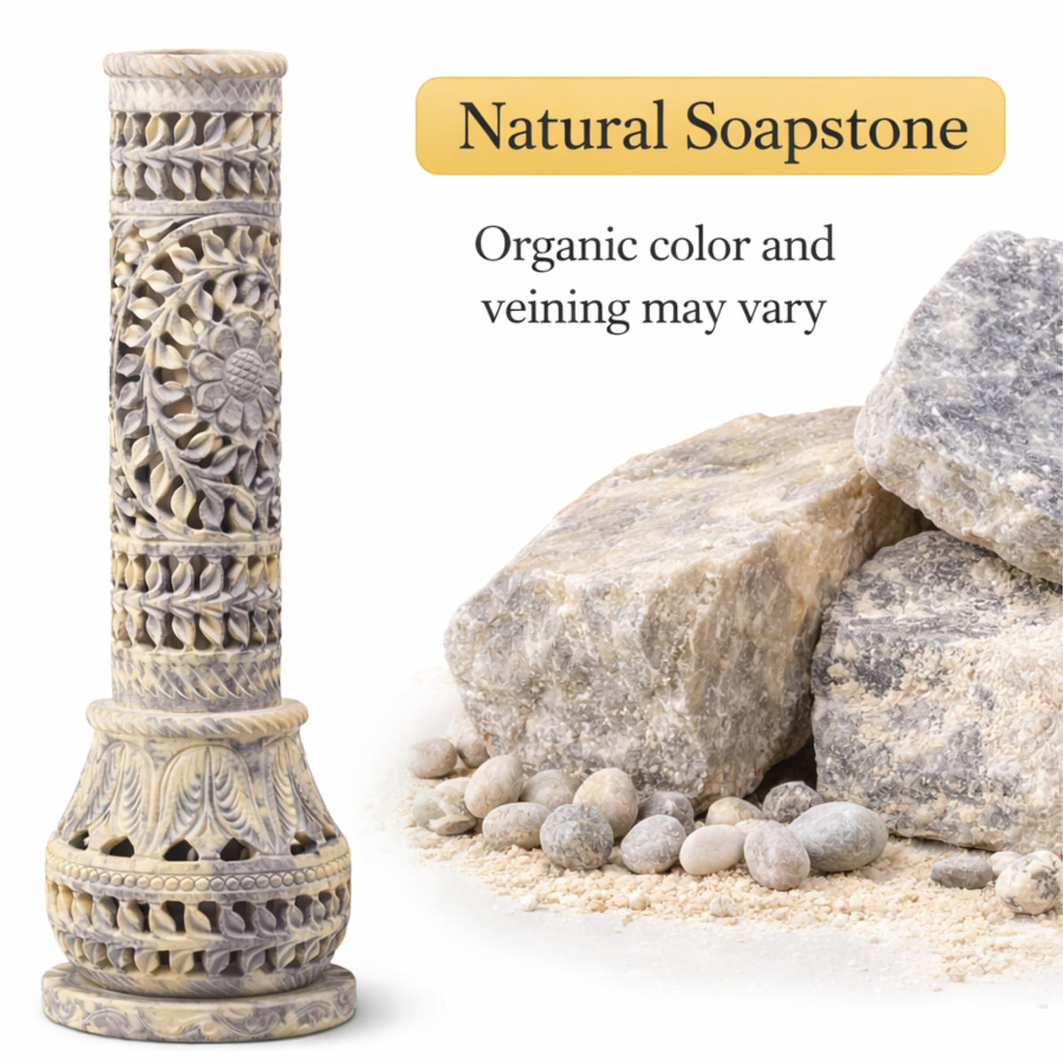 Carry Me Marble Soapstone Incense Stick Holder | Candle Burner | Tea Light Stand - Perfect Handmade Bottle Tower. Decorative Floral Carving for Gifting - Home and Office Decor - (3x3x10.5 Inches)