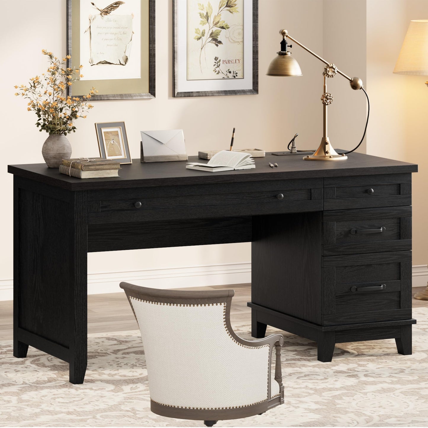 IDEALHOUSE 53.5" Farmhouse Computer Desk with Charging Station, Rustic Black Home Office Executive Desk, Wooden Workstation with File Cabinet Storage Drawers for Writing & Study, Rustic Black