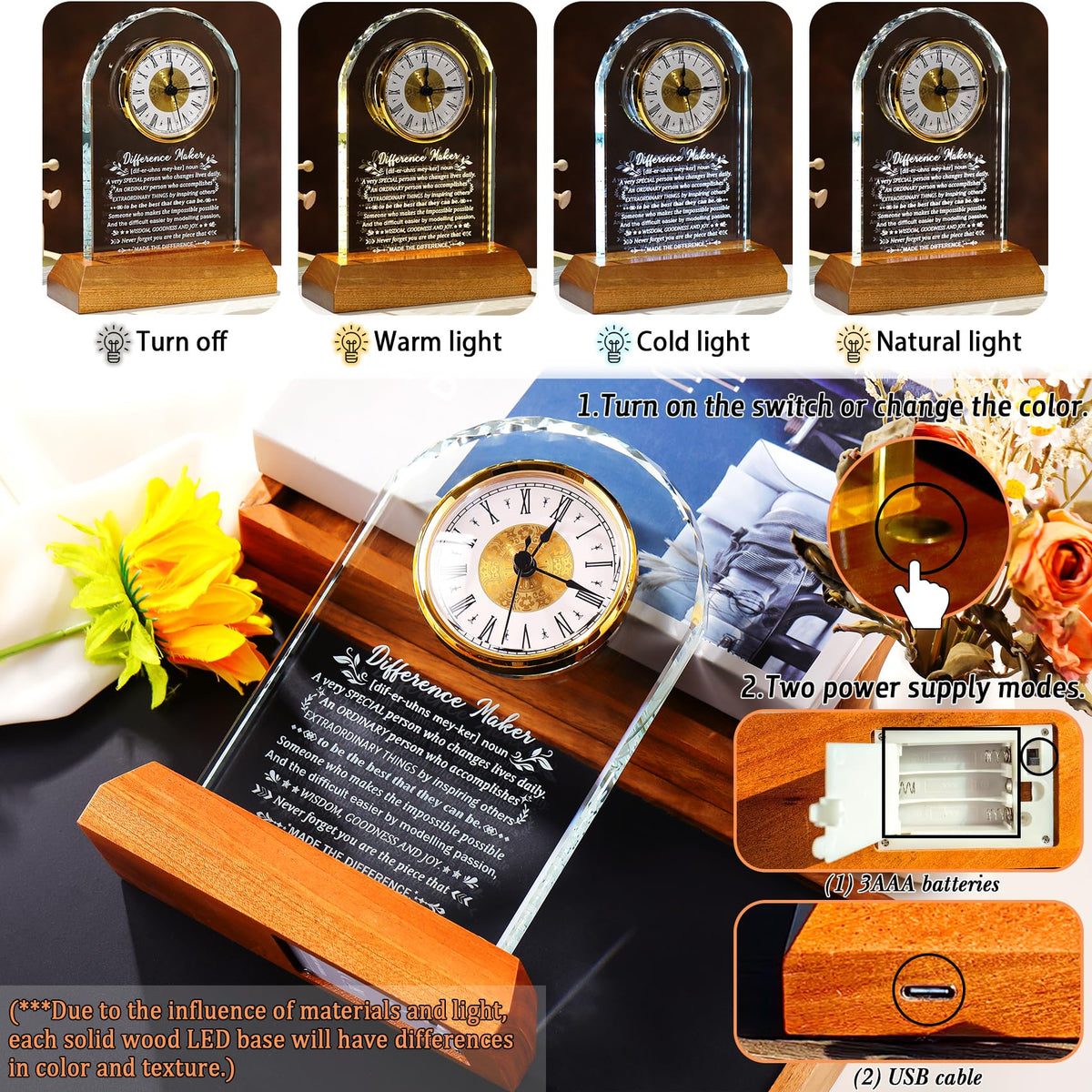 Ornalrist Difference Maker Clock Gifts for Men Women Glass Clock Keepsake with Wooden LED Base Thank You Appreciation Gifts for Boss Teacher Employee Coworker Mentor Motivational Office Desk Decor