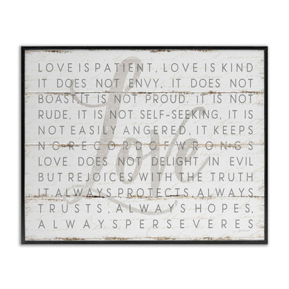 Stupell Industries 'Love Is Patient Grey on White Planked Look', Framed Giclee Art, Black, 14 x 11 Inches, Easy to Hang and Sturdy, Made in USA, by Jennifer Pugh