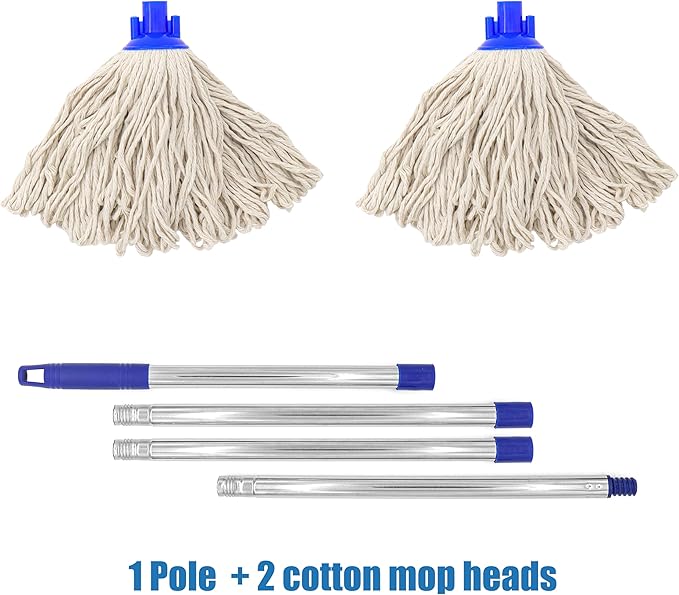 Cotton Cloth Mop, 4 Section Stainless Steel Pole + Two Cotton String Mop Heads