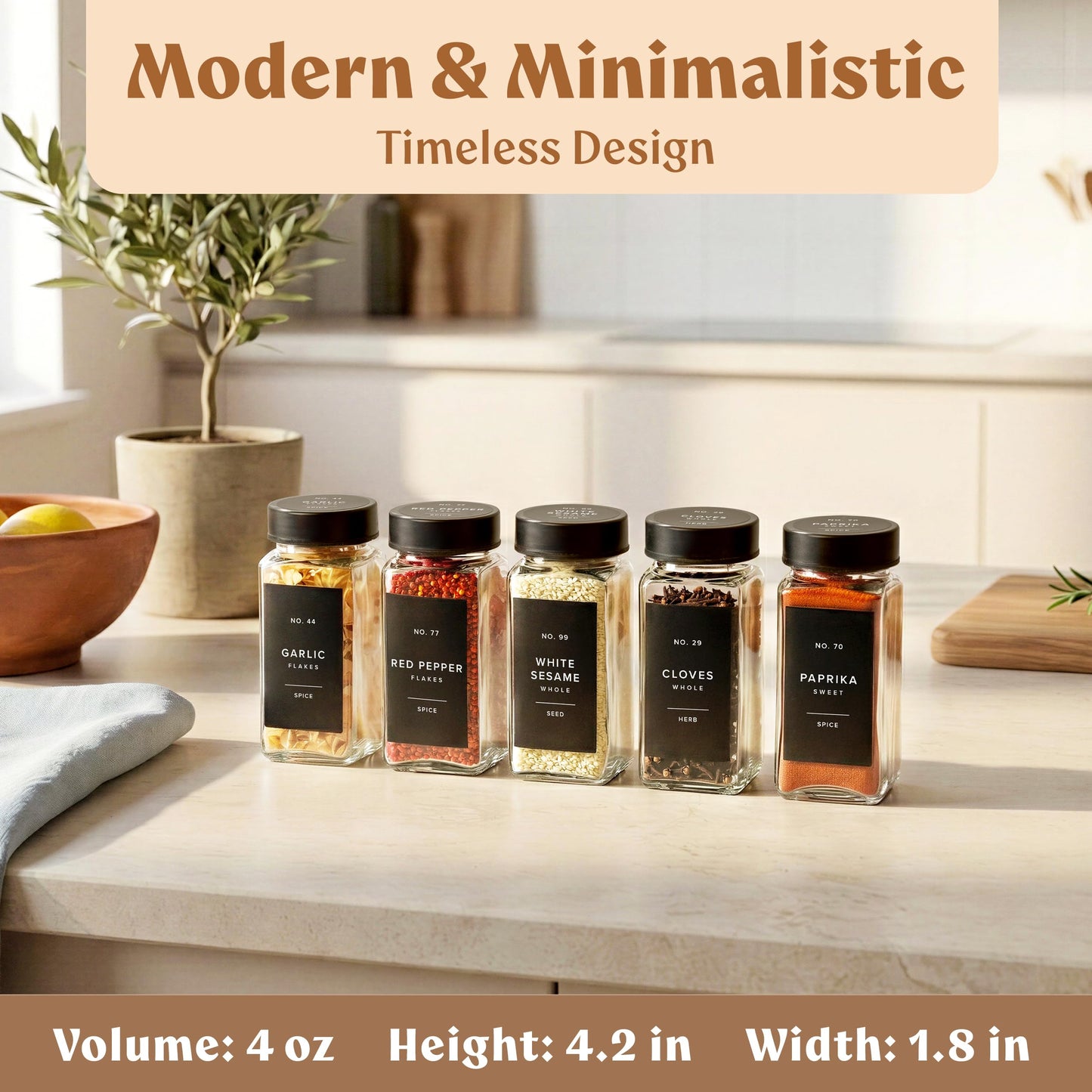 EDELHAUS Square Glass Spice Jars (24 x 4oz) with Black Lids + Magnetic Spice Rack for Refrigerator (Fits 12 Jars) + Bonus Slim Auxiliary Rack, 240 Labels, Shaker Inserts, Funnel