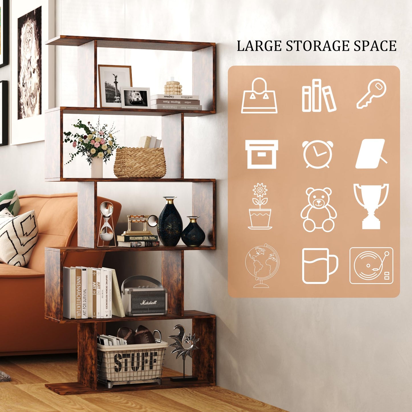 Yusong Bookshelf 5-Tier, Geometric Bookcase S Shaped Book Shelves for Bedroom, Modern Industrial Wood Decorative Display Shelf Book Case for Home Office, Rustic Brown