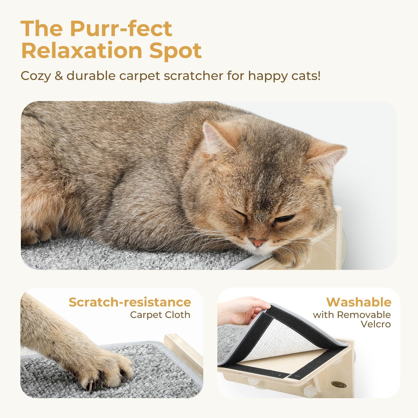 Pecute Cat Window Hammock & Wall Shelf, Sturdy Solid Wood Frame, 4 Swivel Suction Cups, Cat Window Bed Anti-Scratch & Washable Carpet Cover, Space-Saving Suitable for Cats Sunbathing, Hold Up to 18kg