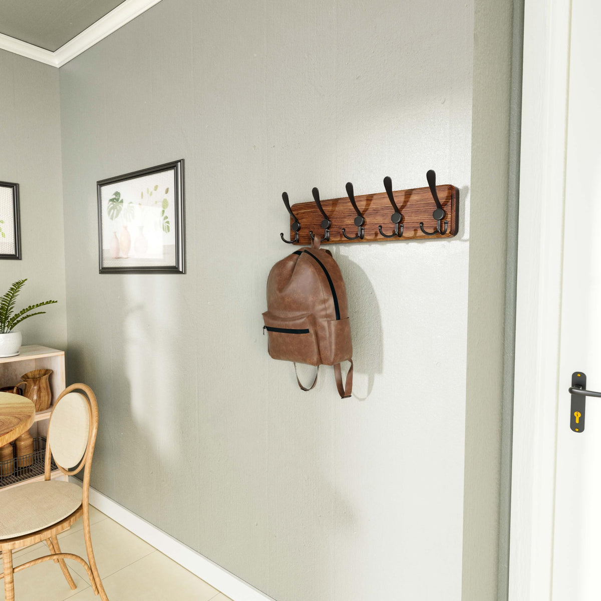 SKOLOO Rustic Wall Mounted Coat Rack: 16" Stud Spacing, Pine Real Wood Plank Wall Coat Rack with 5 Triple Hooks, Farmhouse Coat Hanger Wall Mount for Hanging Backpack Jacket Coat Hat
