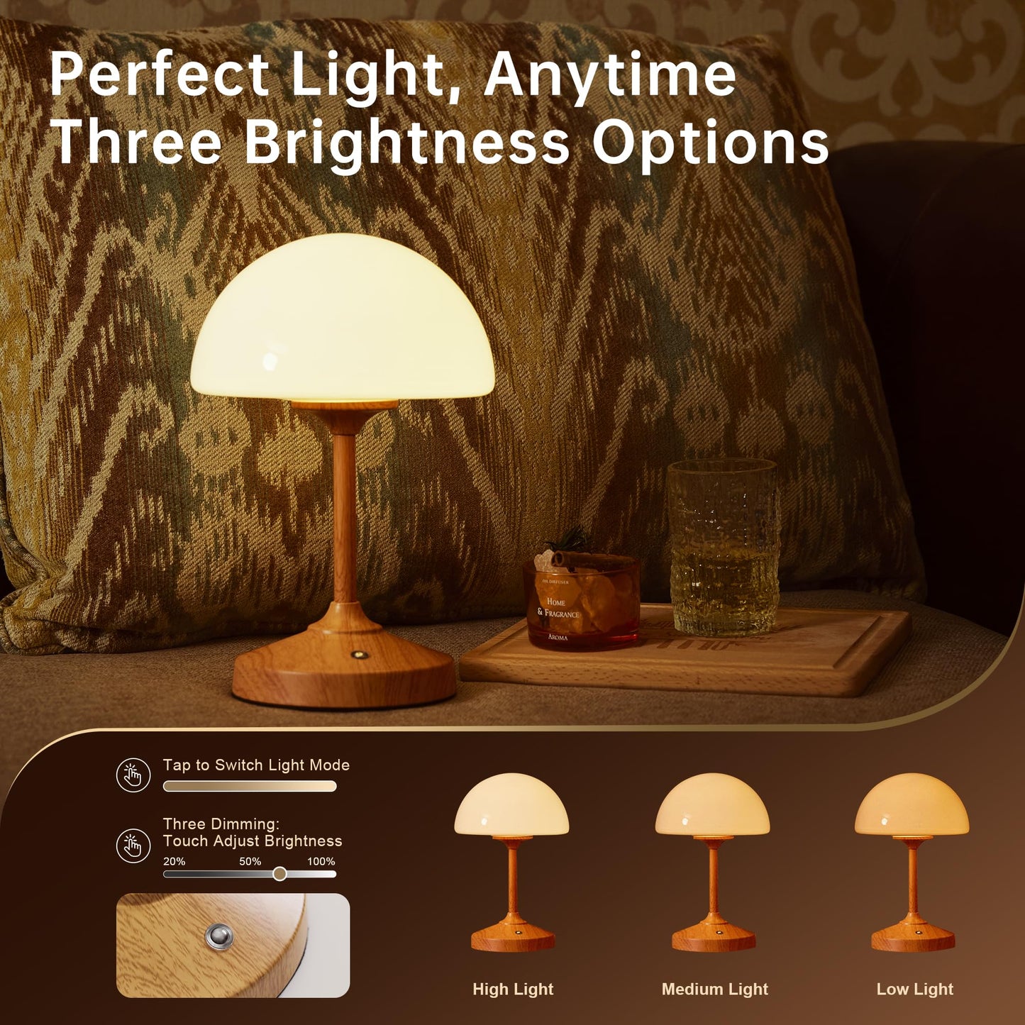 Dawnwake Mushroom Lamp Cordless Lamp Table Lamp,Outdoor Waterproof Shower Lamps,5000mAh Rechargeble Battery Operated Dimmable Touch Desk Lamps,LED Night Light for Bathroom Patio Camping Restaurant