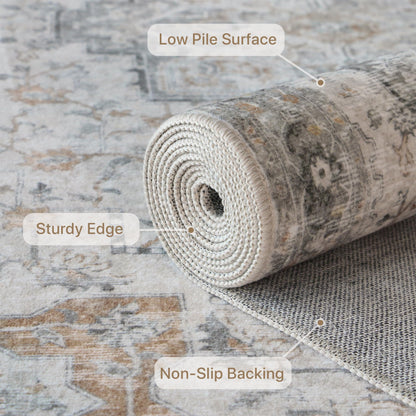 GENIMO 5X7 Area Rugs for Living Room, Machine Washable Non Slip Vintage Rugs, Low Pile Lightweight Chenille Print Rug for Bedroom, Dining Room, Home Office, Light Taupe Brown