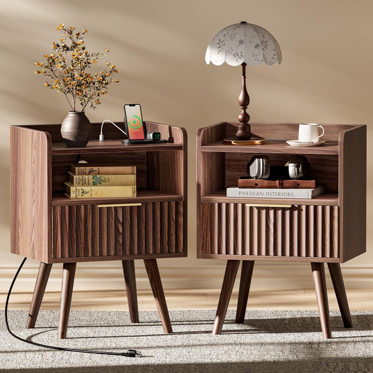 Huuger Nightstand with Charging Station, USB-C Port, Fluted Night Stand Set of 2, Bed Side Table with Drawer, Solid Wood Feet, Open Storage, End Table with Raised Edge, for Bedroom, Walnut