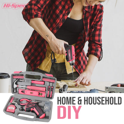 Hi-Spec 35pc Pink Womans Tool Kit Set with 3.6V USB Electric Power Cordless Screwdriver Compact for Home. Starter Basic Ladies Tools for Household DIY Repairs in a Small Toolbox