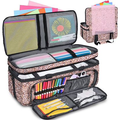 IMAGINING Carrying Case for Cricut Maker, Double-Layer Bag Machine with Cover and Cutting Mat Pocket Compatible Explore Air, Organization Storage Bags, Accessories, Leopard
