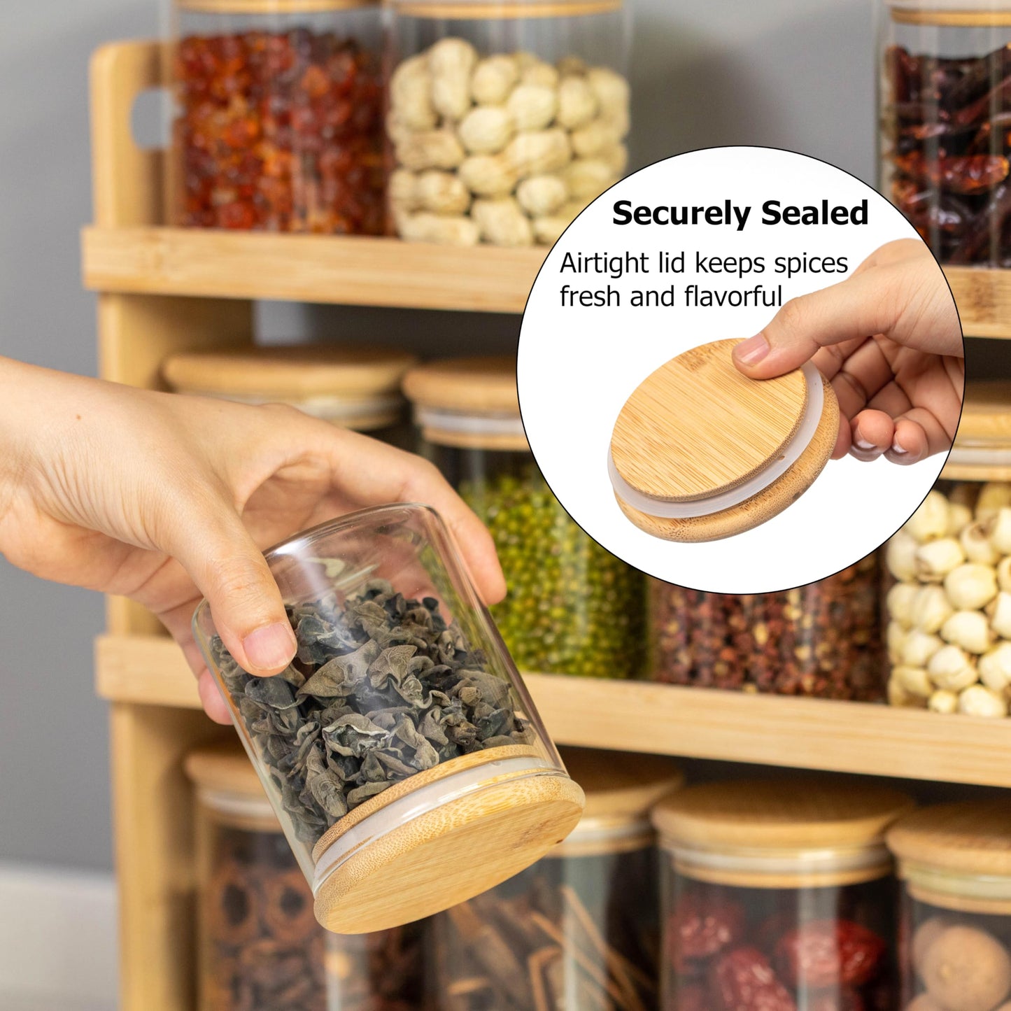 Basicwise Versatile 3-Tier Bamboo Spice Rack and Pantry Organizer with 12 Glass Jars – Perfect for Countertop Storage in Kitchens to Keep Seasoning Containers Neatly Displayed and Easily Accessible