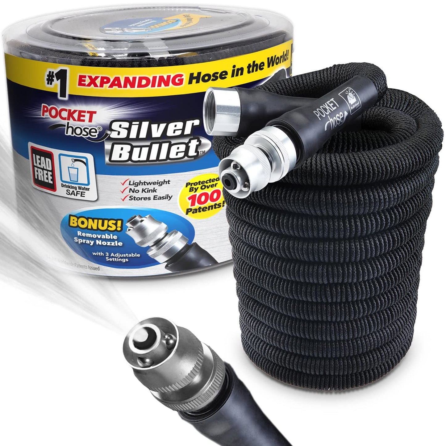 Pocket Hose Silver Bullet 100 ft Turbo Shot Nozzle Multiple Spray Patterns Expandable Garden Hose 3/4 in Solid Aluminum Fittings Lightweight and No-Kink