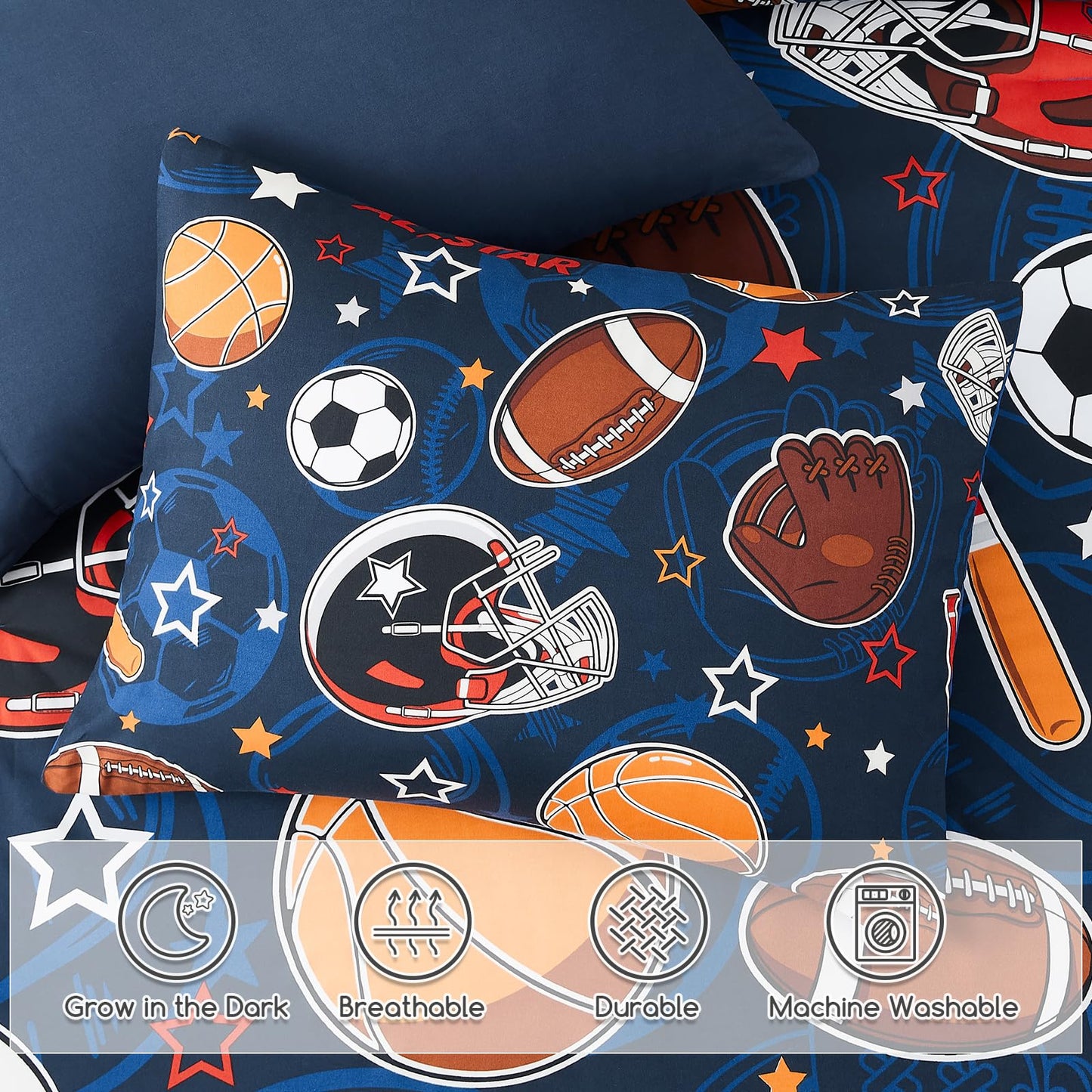 Wink Deer Full Size Comforter Set for Boys-7 Pieces Sports Ball Games Glow in the Dark Full Bedding Sets for Kids, Ultra Soft Bed in A Bag with Sheets