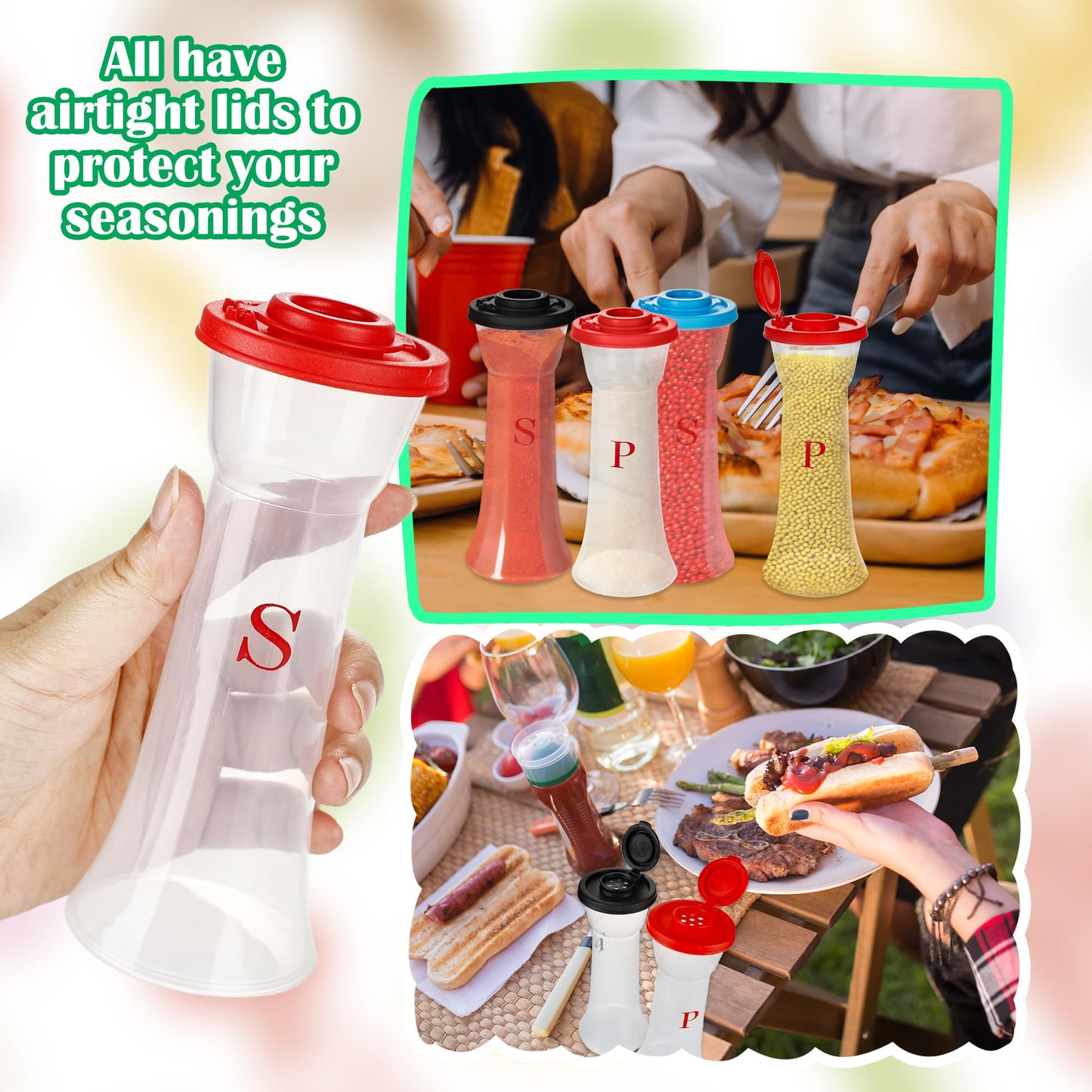 6 Pcs Plastic Salt and Pepper Shakers Hourglass Moisture Proof Salt Shaker with Lids for Kitchen Picnic Seasoning Salt Sugar Chili Powder, 3 Colors