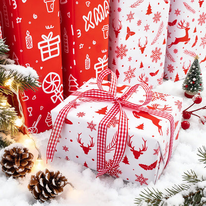 Iioscre Reversible Christmas Wrapping Paper, Santa Gift Wrapping Paper Roll, Red White Reindeer and Snowflake Wrapping Paper for New Year, Holiday, Party, 17 Inch X 32.8 Feet