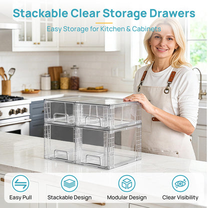Vtopmart 4 Pack Clear Stackable Storage Drawers,Under Sink and Kitchen Organizers Storage,Easy to Assemble Plastic Drawers for Baby Bottle,Medicine, Bathroom,Cabinet and Pantry Organization