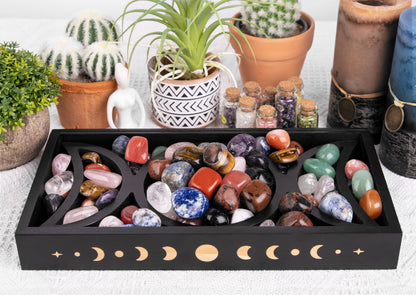Mooncraftlogy Crystal Tray for Stones, Triple Moon Gemstone Holder Box, 3 Tarot Card Stand for Affirmation Cards, Wicca Display, Detachable Rocks, Essential Oil Organizer, Witch Altar Gift (Black)