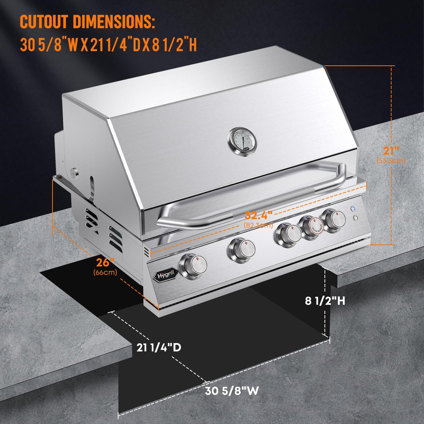 Hygrill Premium XTR 32-Inch Built In Grill, Stainless Steel 4-Burner Grill Head for Outdoor Kitchen with Rear Infrared Burner and LED Lights, Liquid Propane