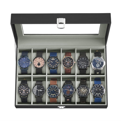 SONGMICS Watch Box, 12-Slot Watch Case Organizer with Large Glass Lid, Removable Pillows, Gift for Loved Ones, Black Synthetic Leather, Gray Lining UJWB12BK