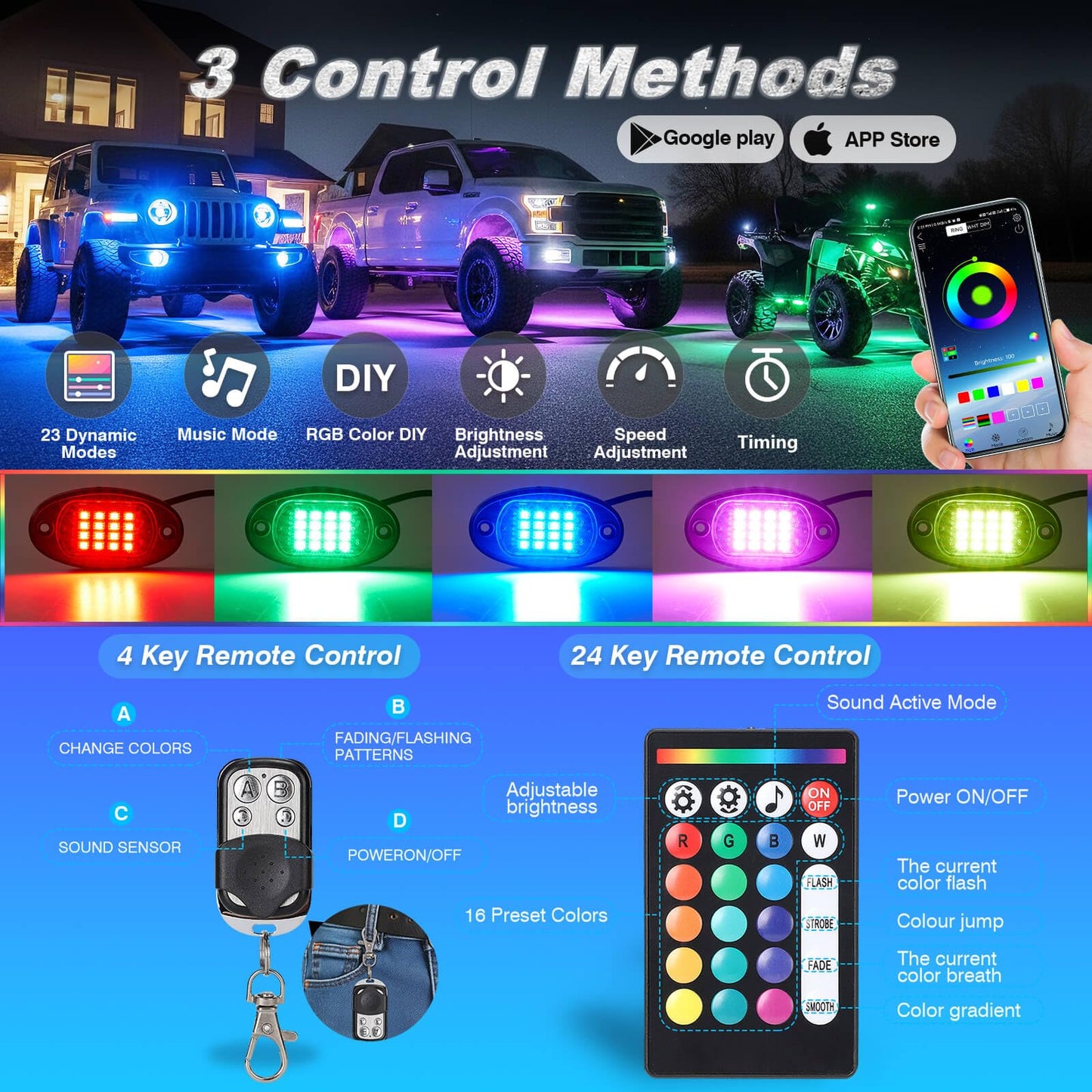 LD DARKEAGLE 8Pods RGB LED Rock Lights for Jeep Trucks Golf Cart ATV UTV RZR SUV Offroad, Multicolor Underglow Light Kit with APP/RF Remote Dual Zone Neon Vehicle Accent Underbody Light 12V Waterproof