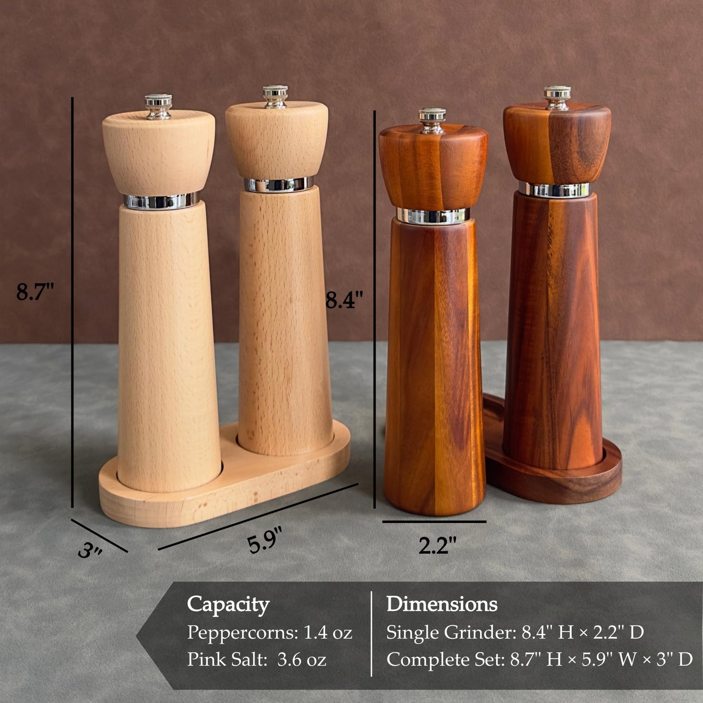 TLYSXPRO Wooden Salt and Pepper Grinder Set – Refillable Salt and Pepper Mill with Adjustable Upgraded Large Size Ceramic Burr – Manual Pepper Grinder with Beech Wood Body – 8.3” Tall