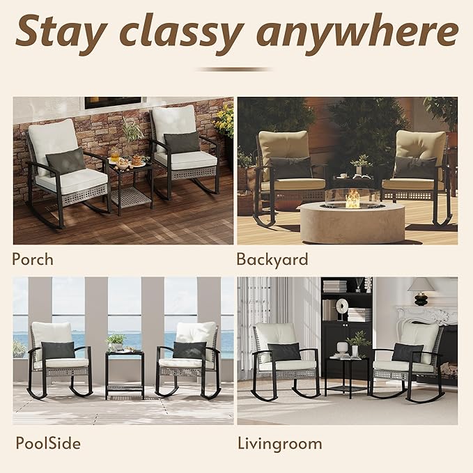 3 Piece Patio Rocking Chairs Set of 2, Outdoor Rocking Chair Bistro Set with Tempered Glass Coffee Table and Thick Lumbar Pillow Set, Front Porch Chairs for Garden, Backyard (Gray Rattan)