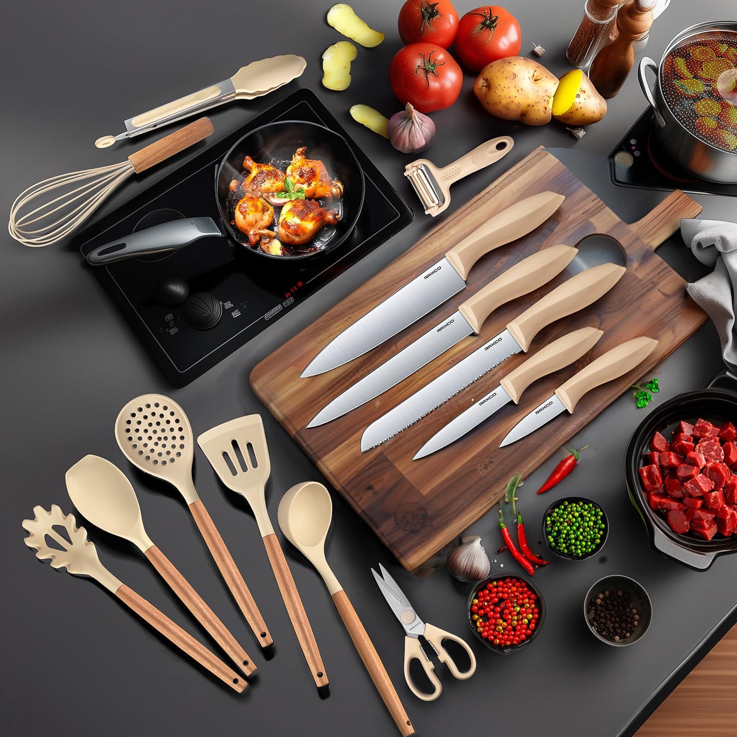 RAXCO Kitchen Utensils Set,18-Piece Cooking Tools and Sharp Knives,Stainless Steel Holder and Cutting Board