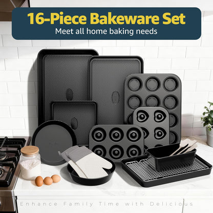 16-Piece Nonstick Bakeware Set with Oven Mitts, Donut Pan, and Heart Pan, Stackable Carbon Steel Baking Pans Set with Kitchen Utensils and Rack, Ceramic Coating, Black
