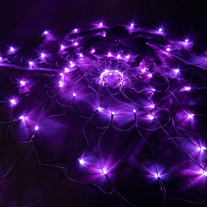 FUNPENY Halloween 80 LED Spider Web Lights with Spider, Battery Powered 8 Modes Light up Cobweb Halloween Decorations for Indoor Ourdoor Garden Yard Home Patio (Purple)