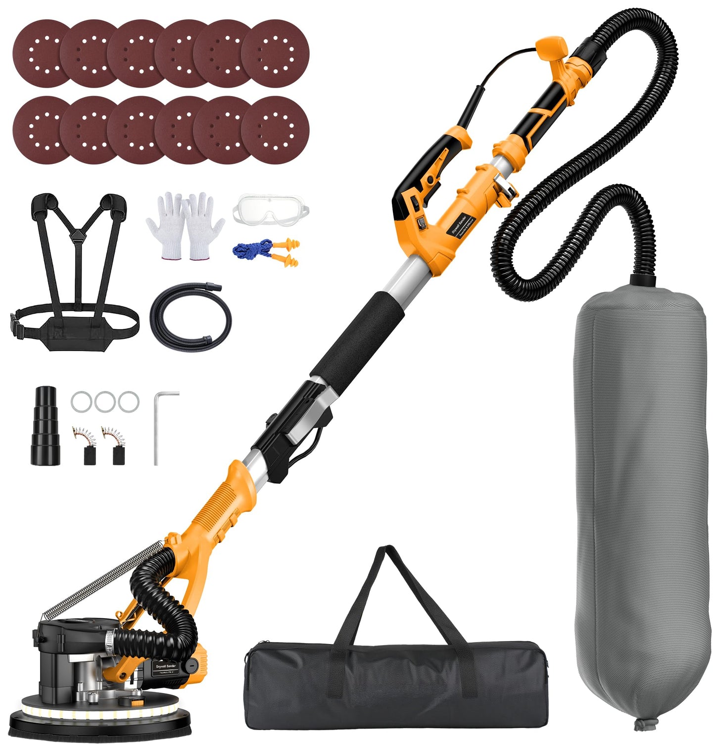 MAKELIFT Drywall Sander with Vacuum Dust Collector, 880W 7.33A Popcorn Ceiling Removal Tool, LED Light, 5 Variable Speed 1000-2100RPM, Foldable & Extendable Handle, 12 Sanding Discs