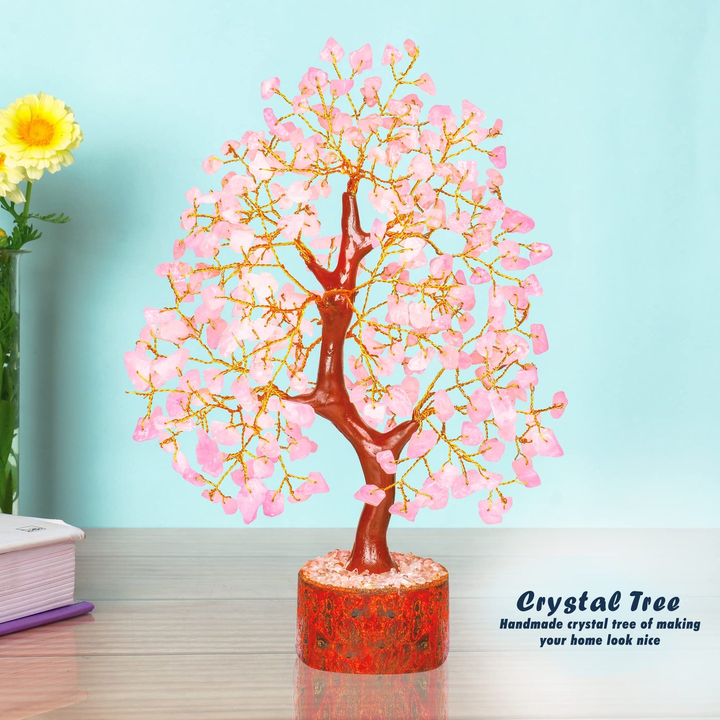 Rose Quartz Feng Shui Crystal Tree - Pink Spiritual Decor - Gemstone Bonsai Tree - Positive Energy Pink Desk Accessory