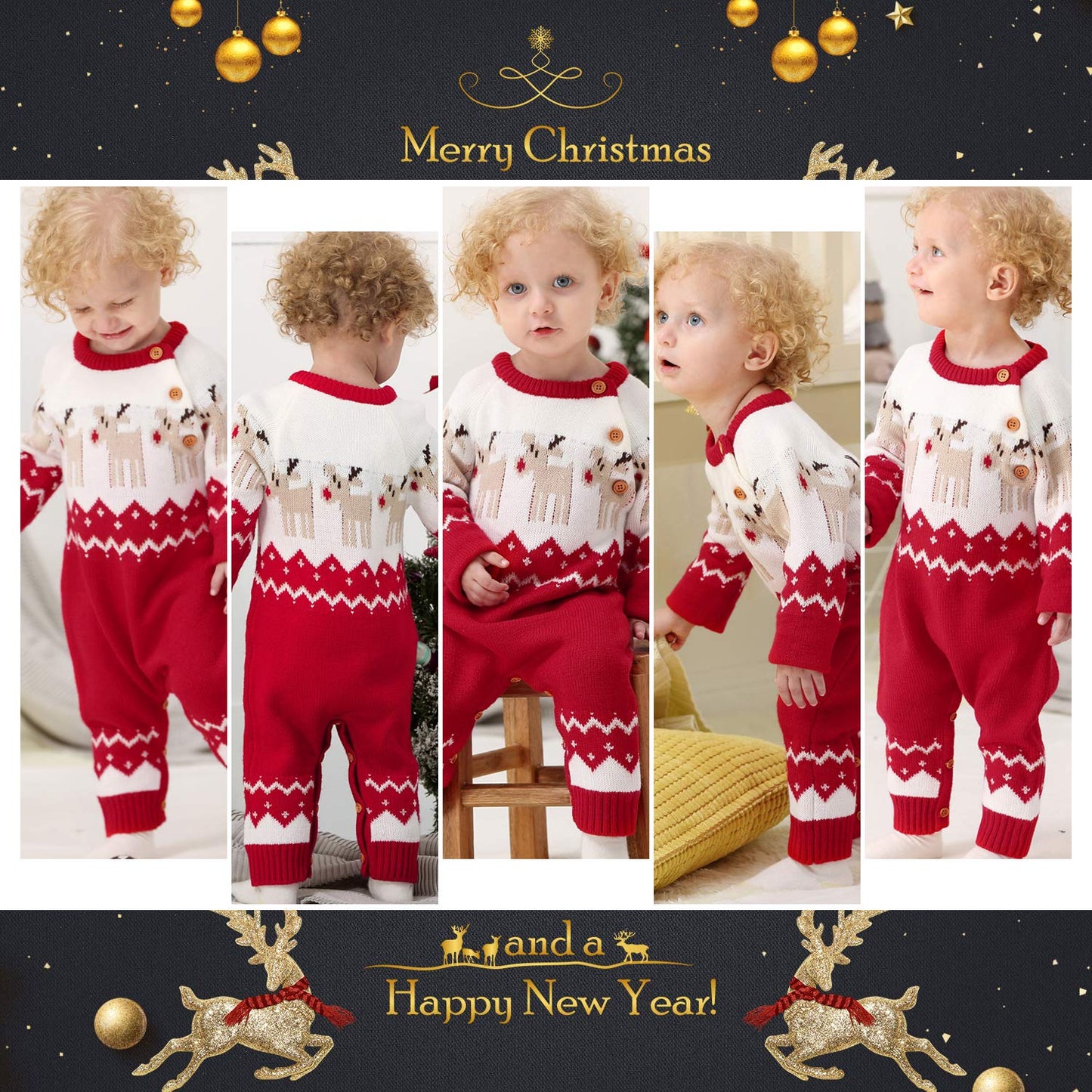 mimixiong Baby Christmas Sweater Toddler Reindeer Outfit Long Sleeve Red Clothes (0-6Months,Red-Jumpsuit)